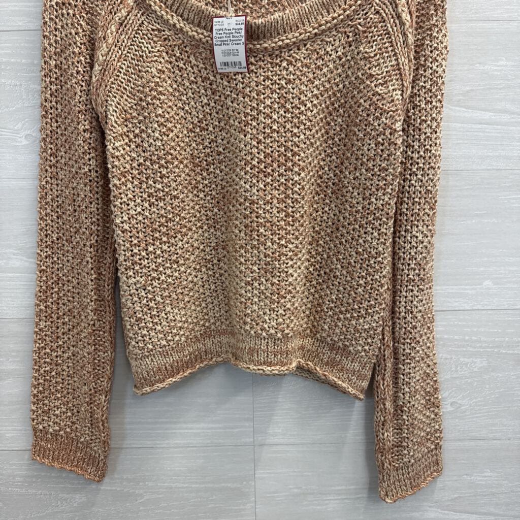 Free People Pink/ Cream Knit Slouchy Cropped Sweater Small