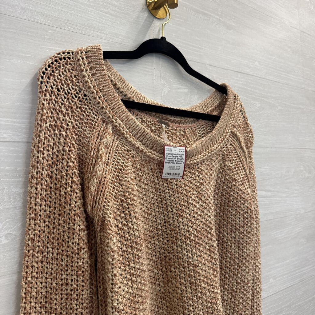 Free People Pink/ Cream Knit Slouchy Cropped Sweater Small