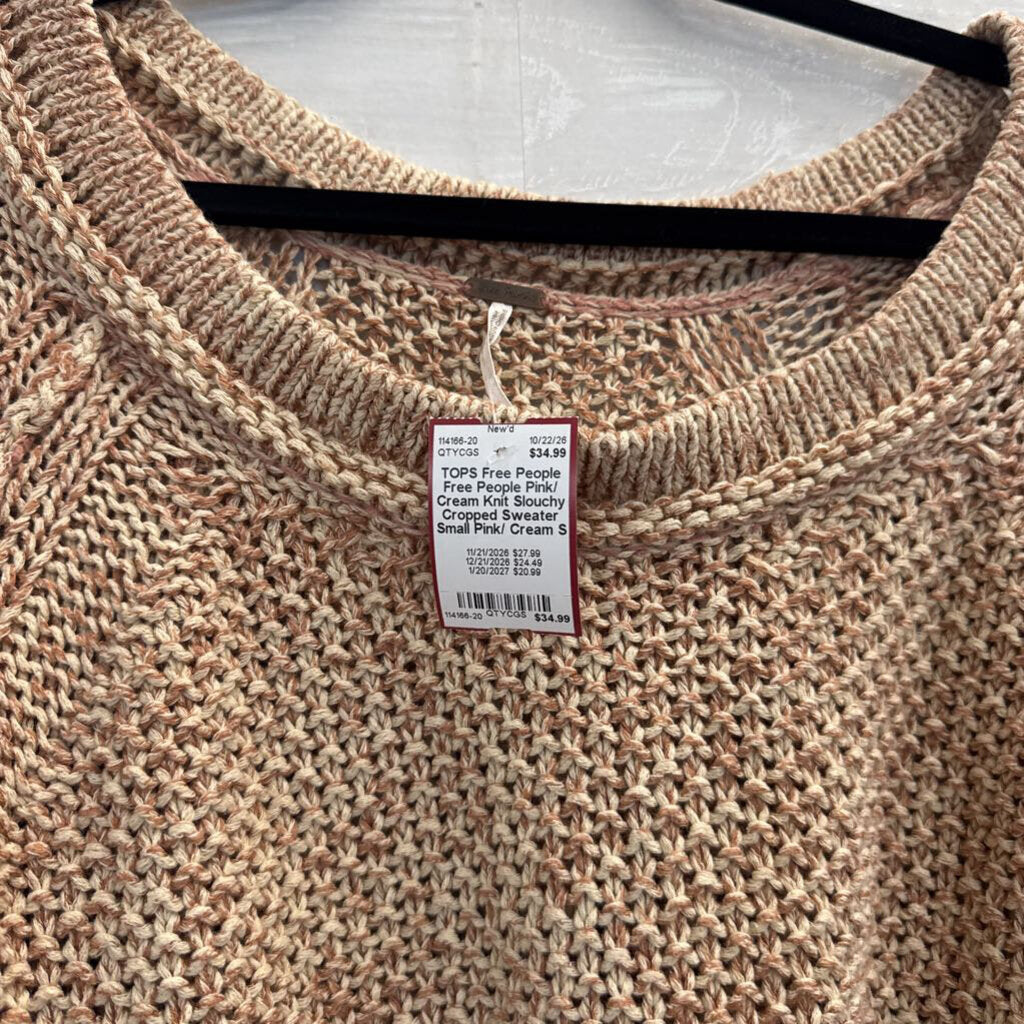Free People Pink/ Cream Knit Slouchy Cropped Sweater Small