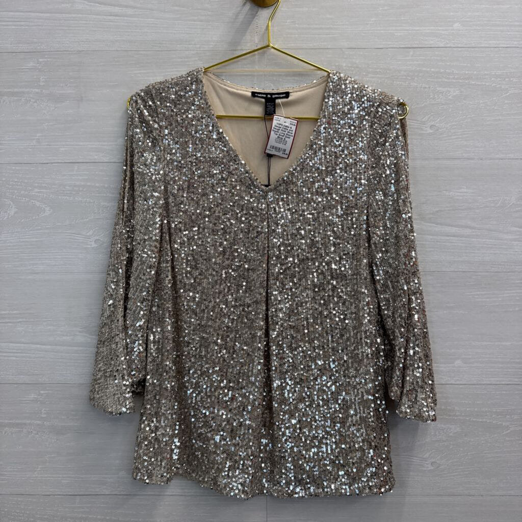 Cable and Gauge Gold/ Silver Sequin Long Sleeve Top Small