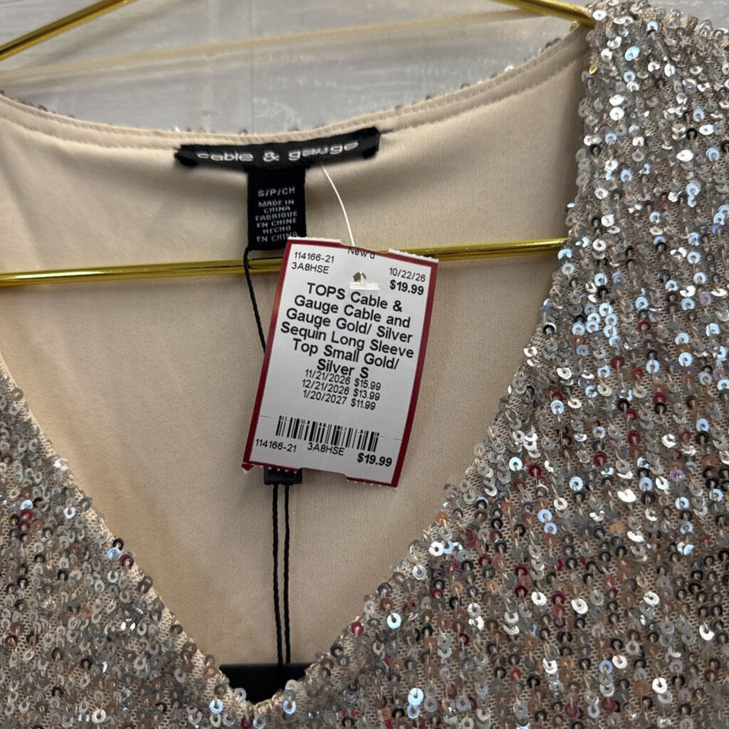 Cable and Gauge Gold/ Silver Sequin Long Sleeve Top Small