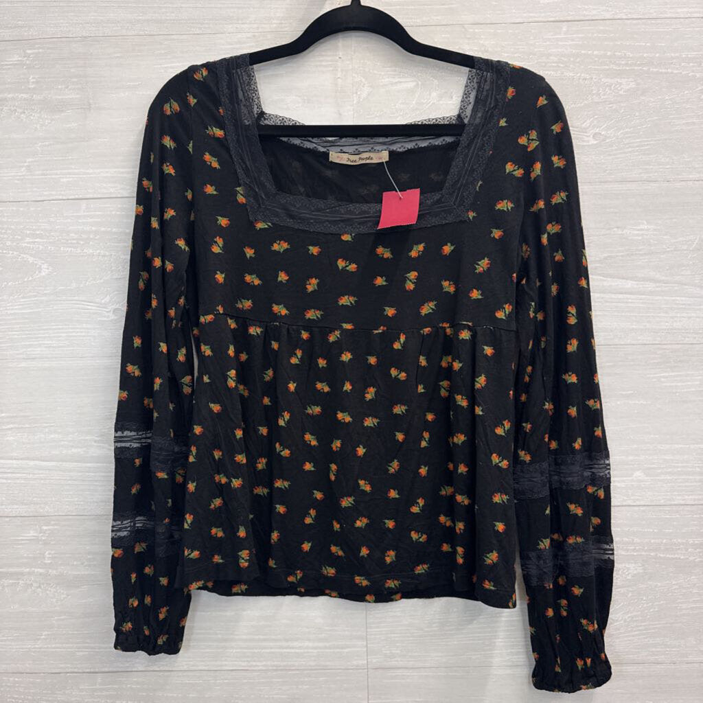 Free People Black/ Multi Floral Print Long Sleeve Top Large