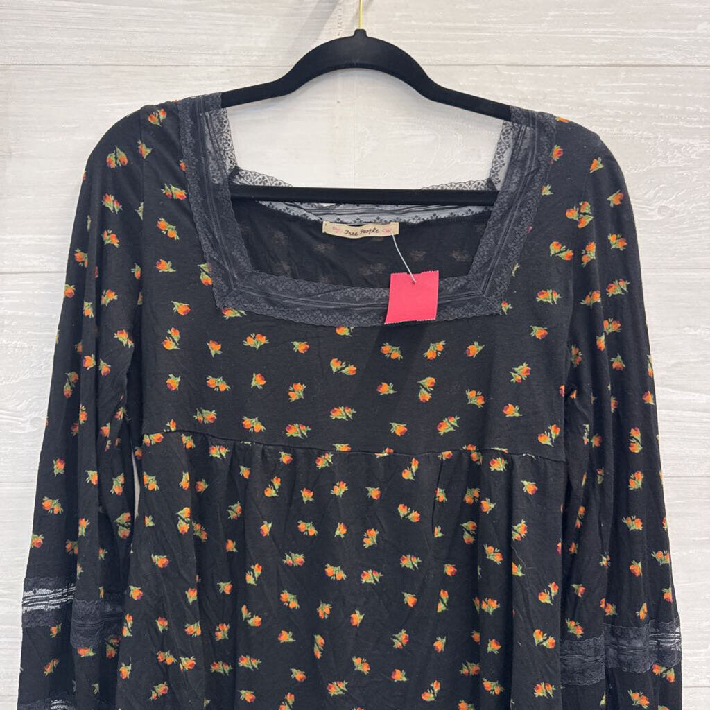 Free People Black/ Multi Floral Print Long Sleeve Top Large
