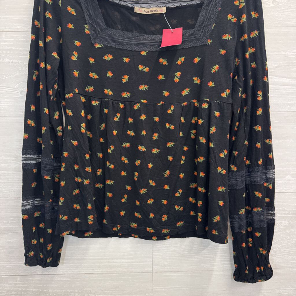 Free People Black/ Multi Floral Print Long Sleeve Top Large