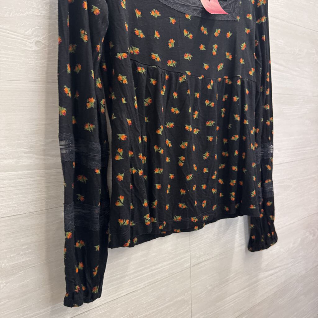 Free People Black/ Multi Floral Print Long Sleeve Top Large