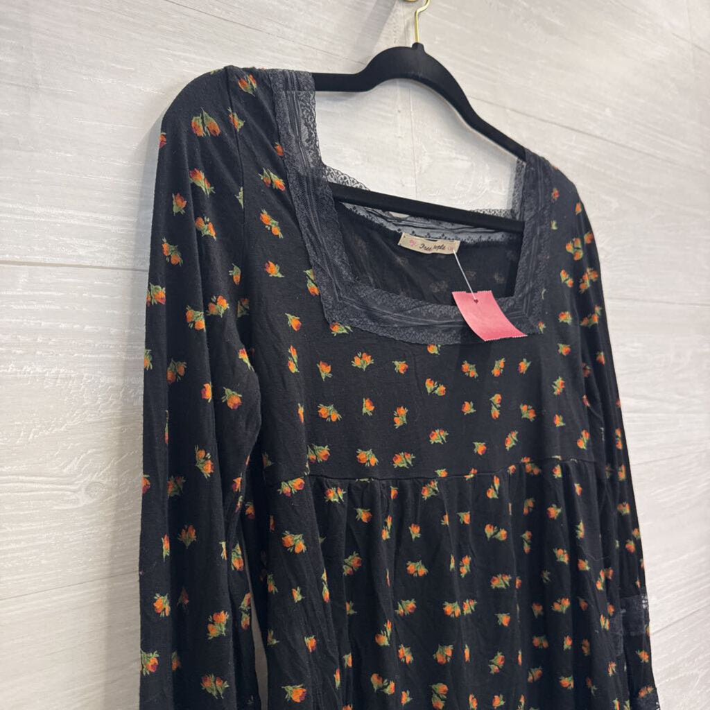 Free People Black/ Multi Floral Print Long Sleeve Top Large