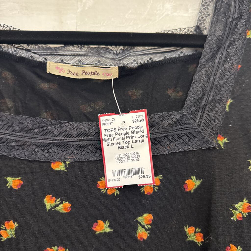 Free People Black/ Multi Floral Print Long Sleeve Top Large