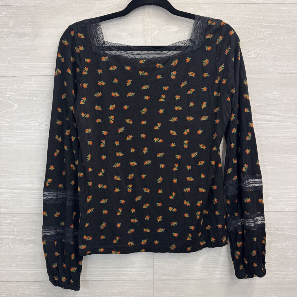 Free People Black/ Multi Floral Print Long Sleeve Top Large
