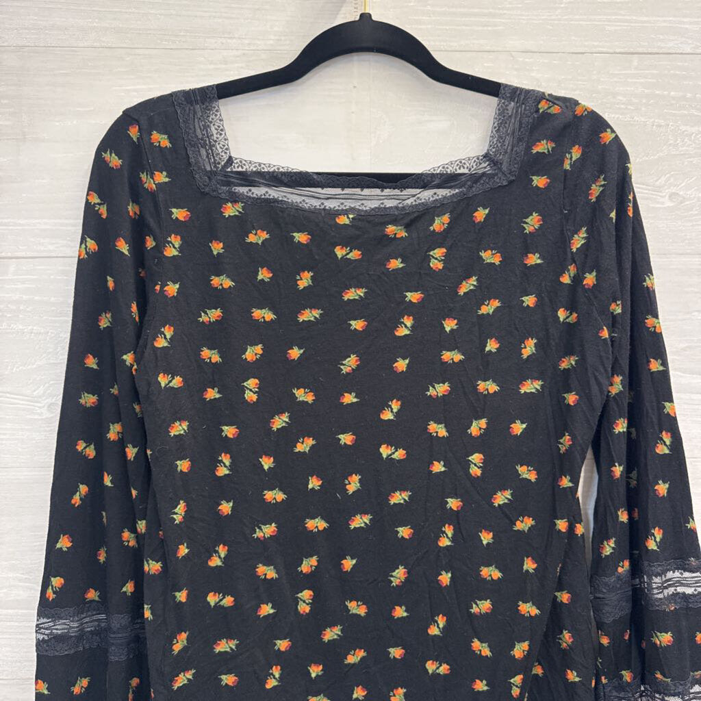Free People Black/ Multi Floral Print Long Sleeve Top Large