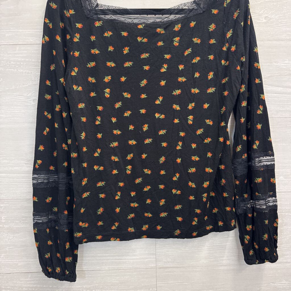 Free People Black/ Multi Floral Print Long Sleeve Top Large