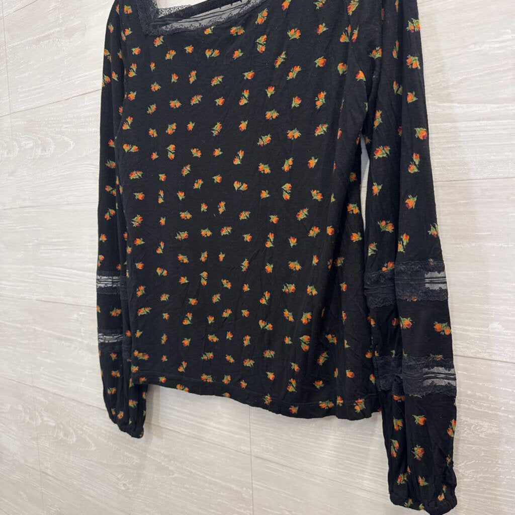 Free People Black/ Multi Floral Print Long Sleeve Top Large