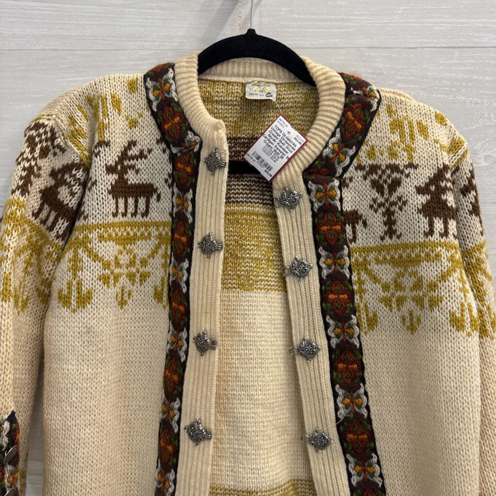 Vintage Dirdalstrikk Cream/ Multi Wool Nordic Reindeer Cardigan Sweater 38