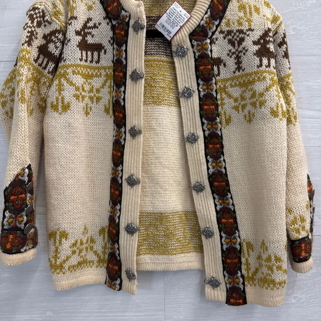 Vintage Dirdalstrikk Cream/ Multi Wool Nordic Reindeer Cardigan Sweater 38