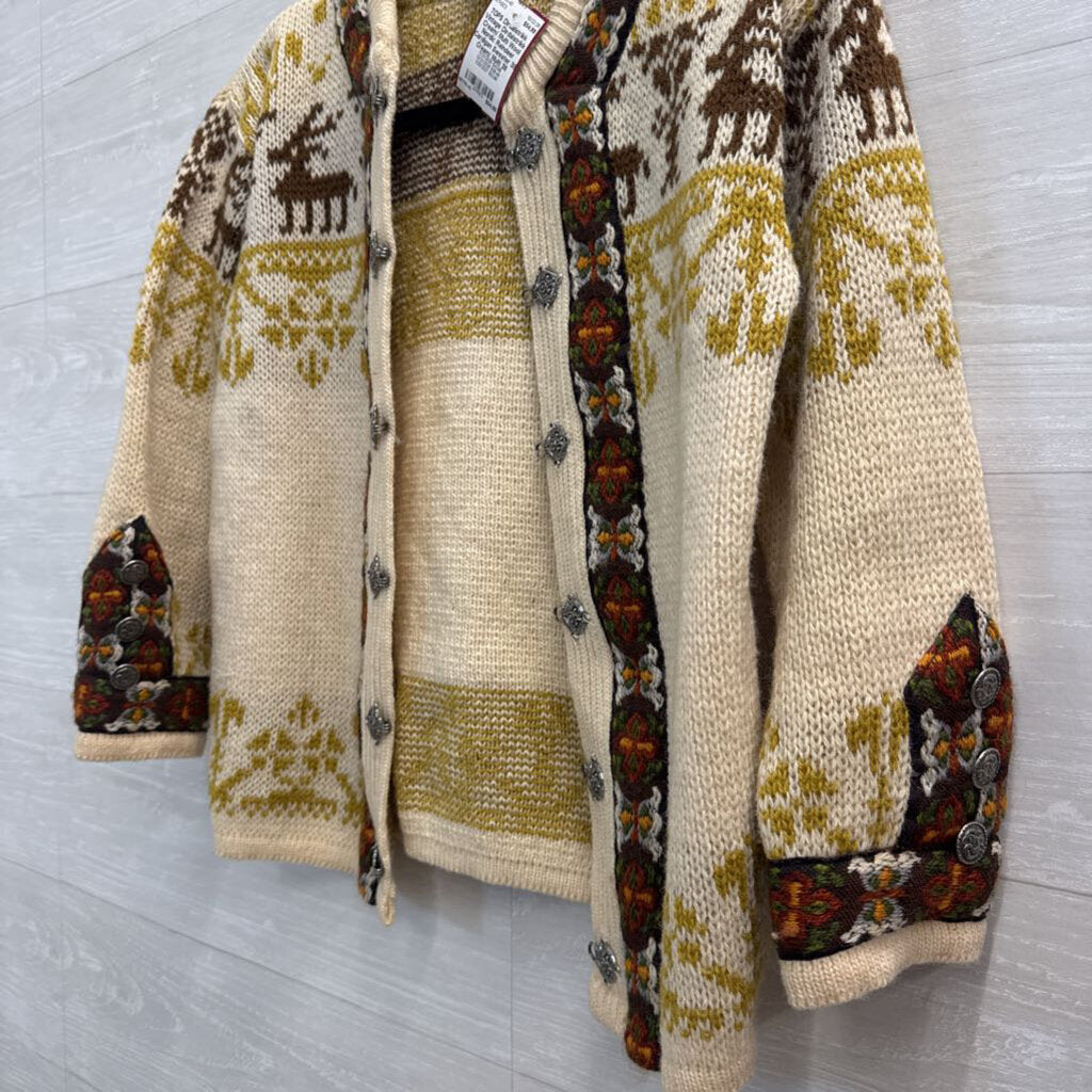 Vintage Dirdalstrikk Cream/ Multi Wool Nordic Reindeer Cardigan Sweater 38