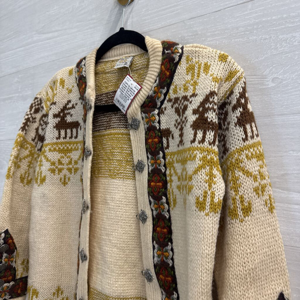 Vintage Dirdalstrikk Cream/ Multi Wool Nordic Reindeer Cardigan Sweater 38