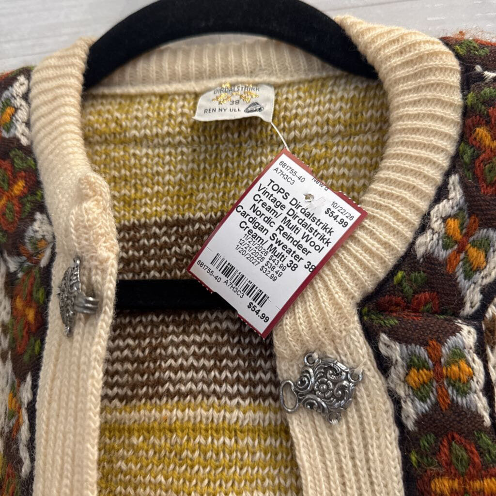 Vintage Dirdalstrikk Cream/ Multi Wool Nordic Reindeer Cardigan Sweater 38