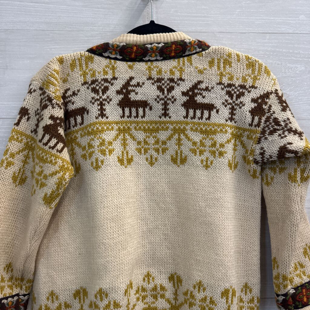 Vintage Dirdalstrikk Cream/ Multi Wool Nordic Reindeer Cardigan Sweater 38