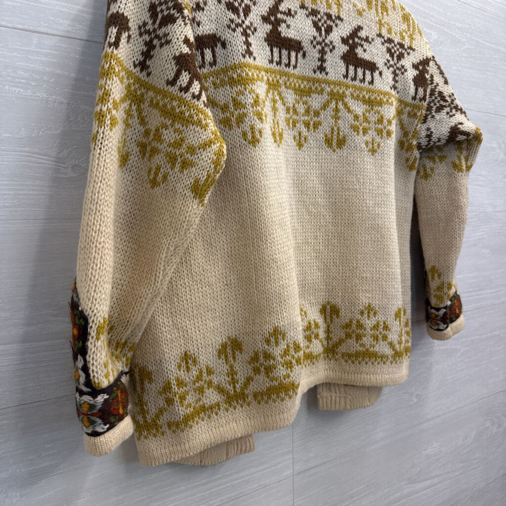 Vintage Dirdalstrikk Cream/ Multi Wool Nordic Reindeer Cardigan Sweater 38