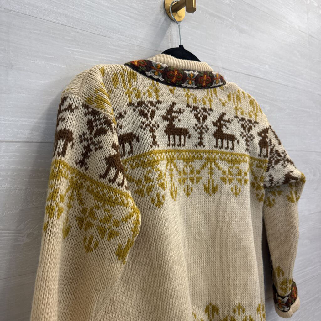 Vintage Dirdalstrikk Cream/ Multi Wool Nordic Reindeer Cardigan Sweater 38