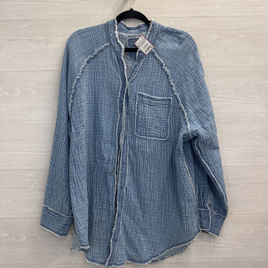 Aerie Blue Textured Long Sleeve Button Down Top Small