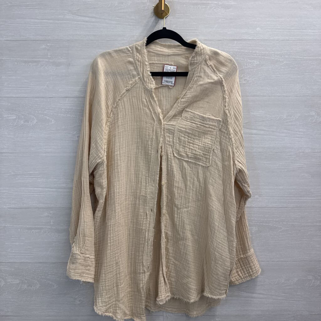 Aerie Cream Textured Long Sleeve Button Down Top Small