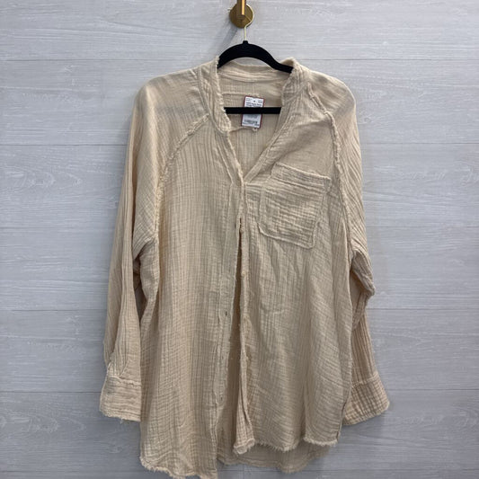 Aerie Cream Textured Long Sleeve Button Down Top Small