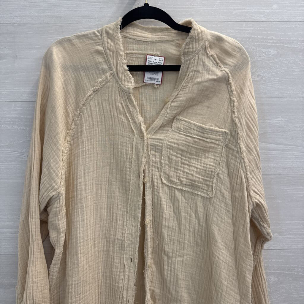 Aerie Cream Textured Long Sleeve Button Down Top Small