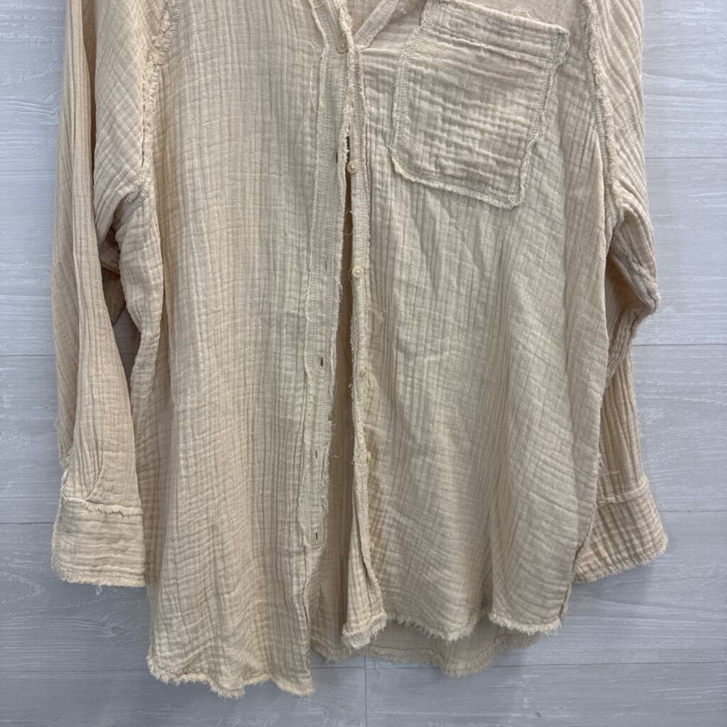 Aerie Cream Textured Long Sleeve Button Down Top Small