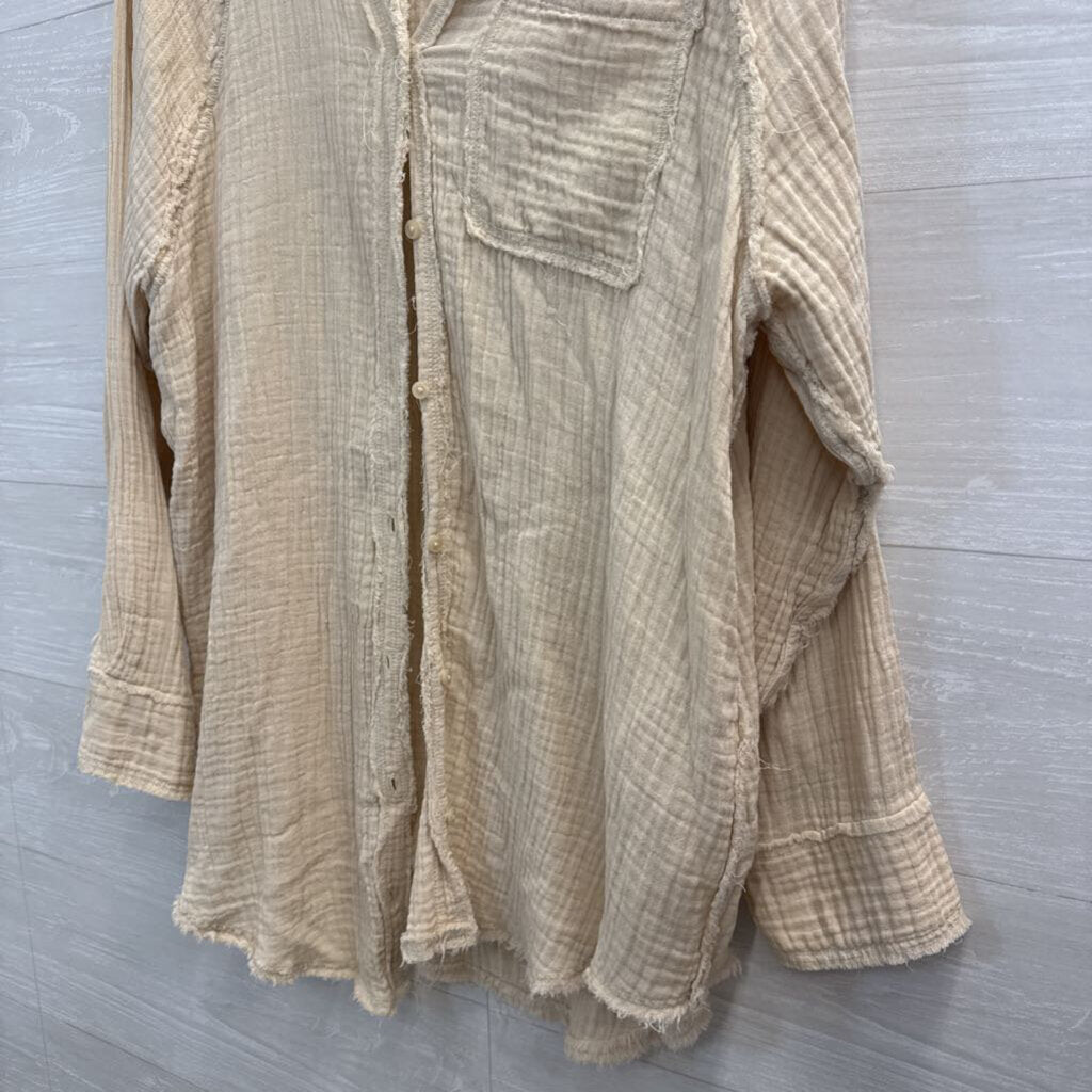 Aerie Cream Textured Long Sleeve Button Down Top Small