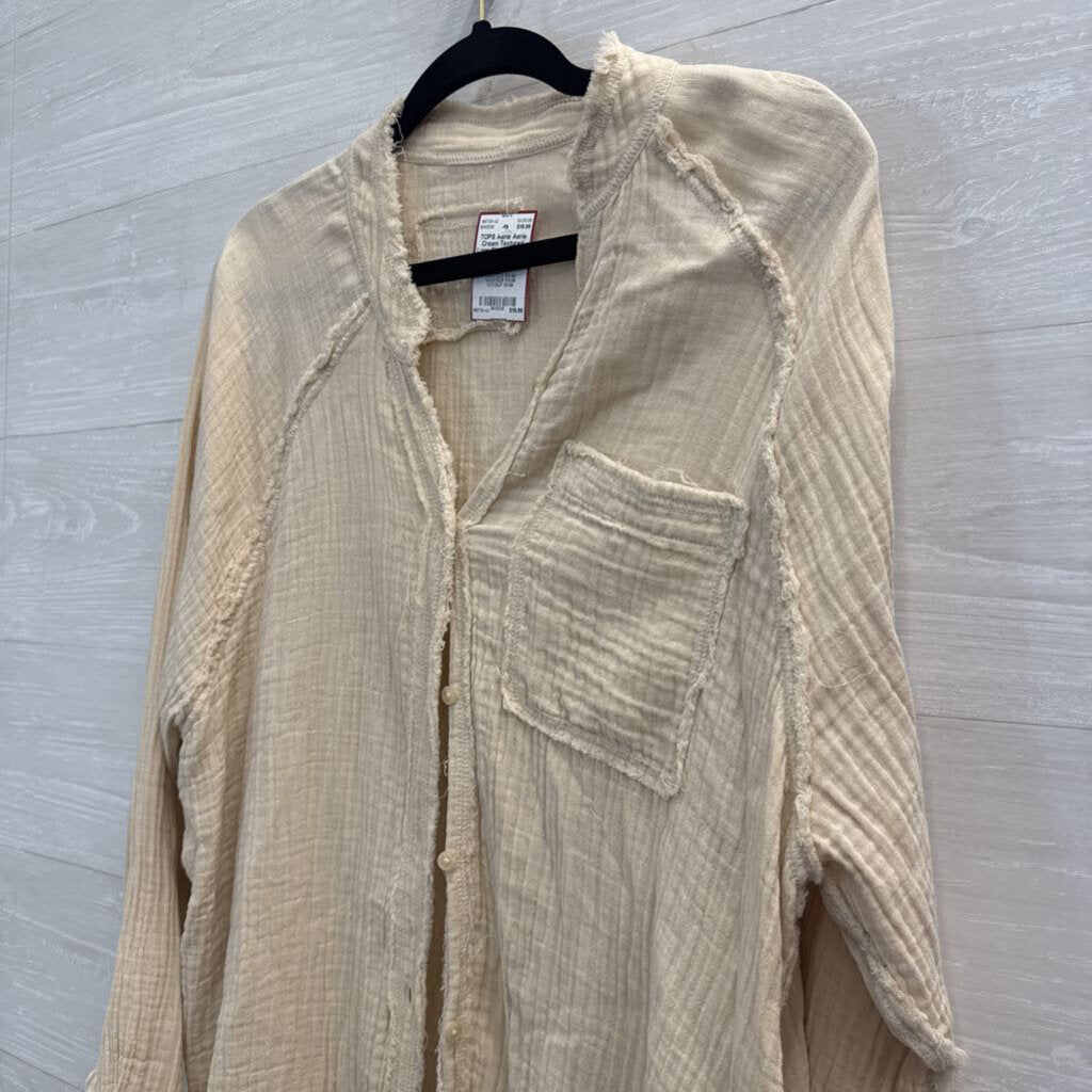 Aerie Cream Textured Long Sleeve Button Down Top Small