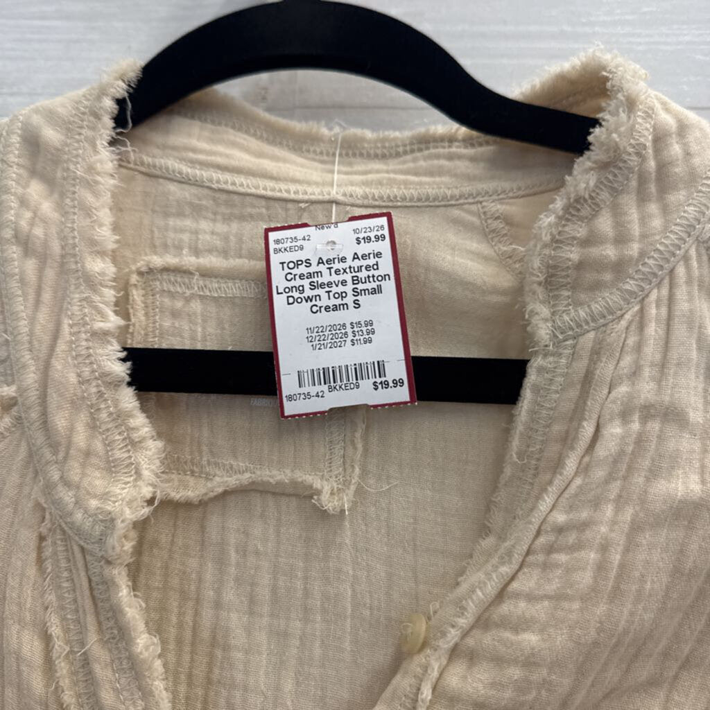 Aerie Cream Textured Long Sleeve Button Down Top Small