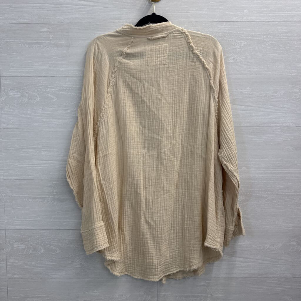 Aerie Cream Textured Long Sleeve Button Down Top Small