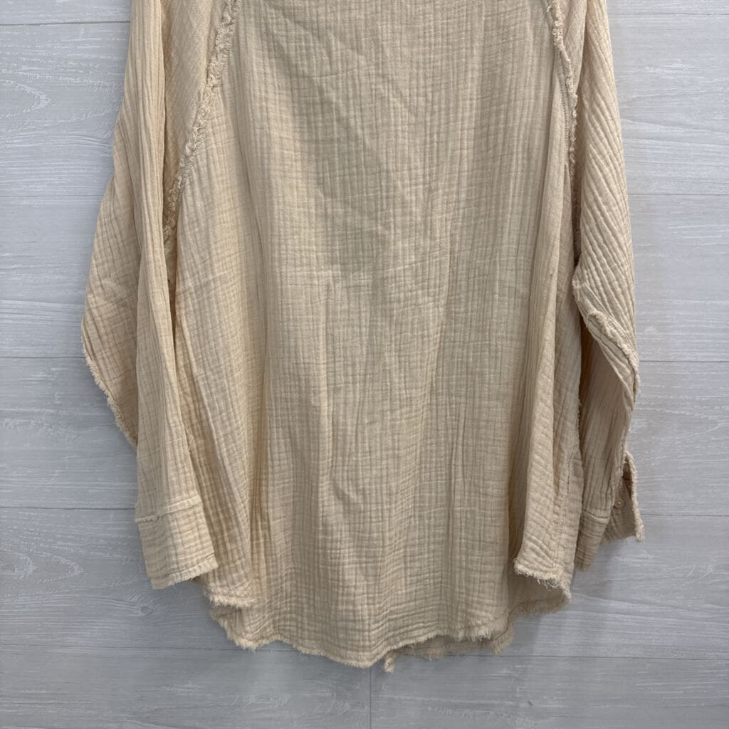 Aerie Cream Textured Long Sleeve Button Down Top Small