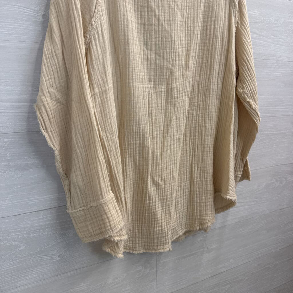 Aerie Cream Textured Long Sleeve Button Down Top Small