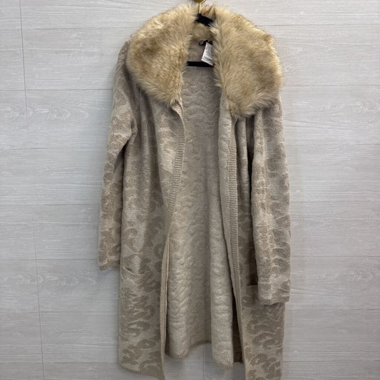Coco and Carmen Beige Print Faux Fur Collar Long Open Front Sweater Small/ Medium