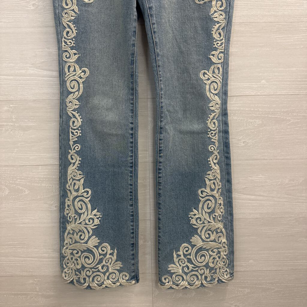 Boston Proper Light Wash Cream Embroidered Bootcut Jeans 2