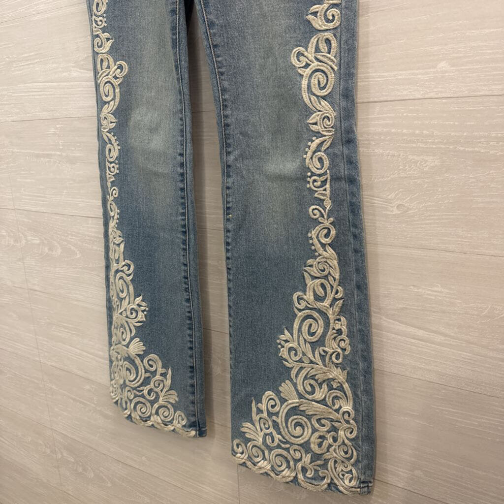Boston Proper Light Wash Cream Embroidered Bootcut Jeans 2