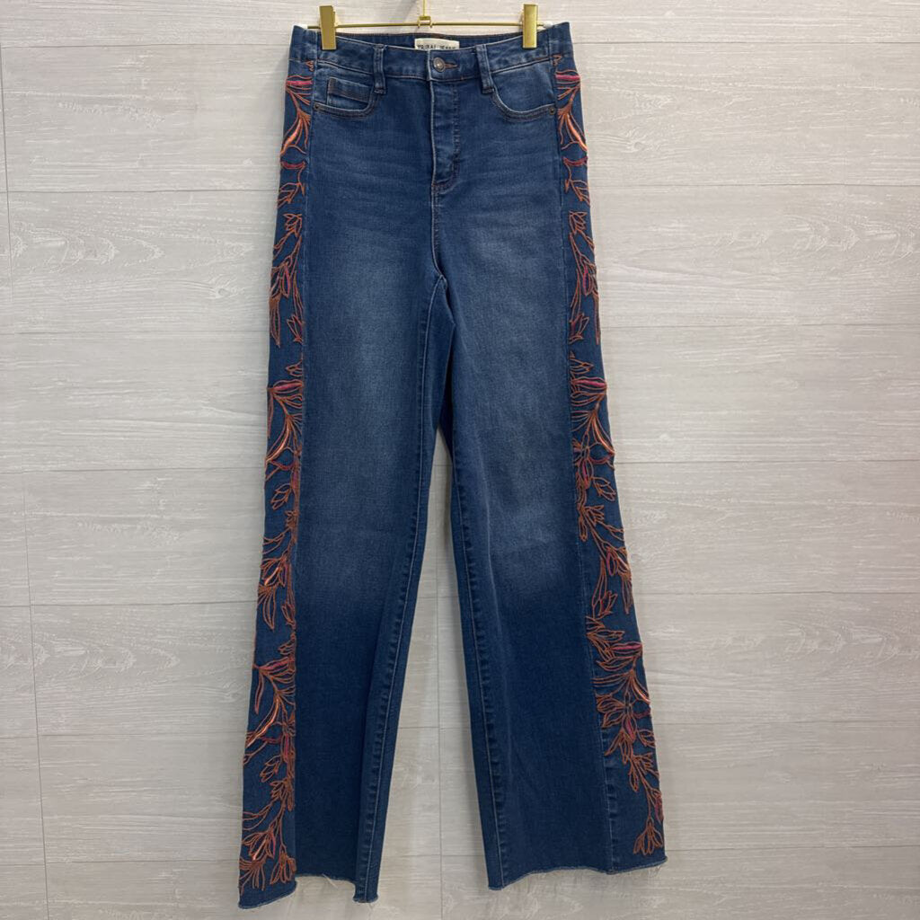 Tribal Jeans Dark Wash Orange Embroidered Wide Leg Jeans 0