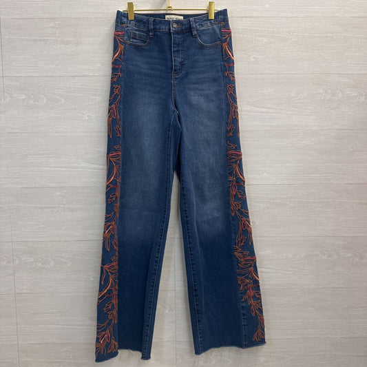 Tribal Jeans Dark Wash Orange Embroidered Wide Leg Jeans 0