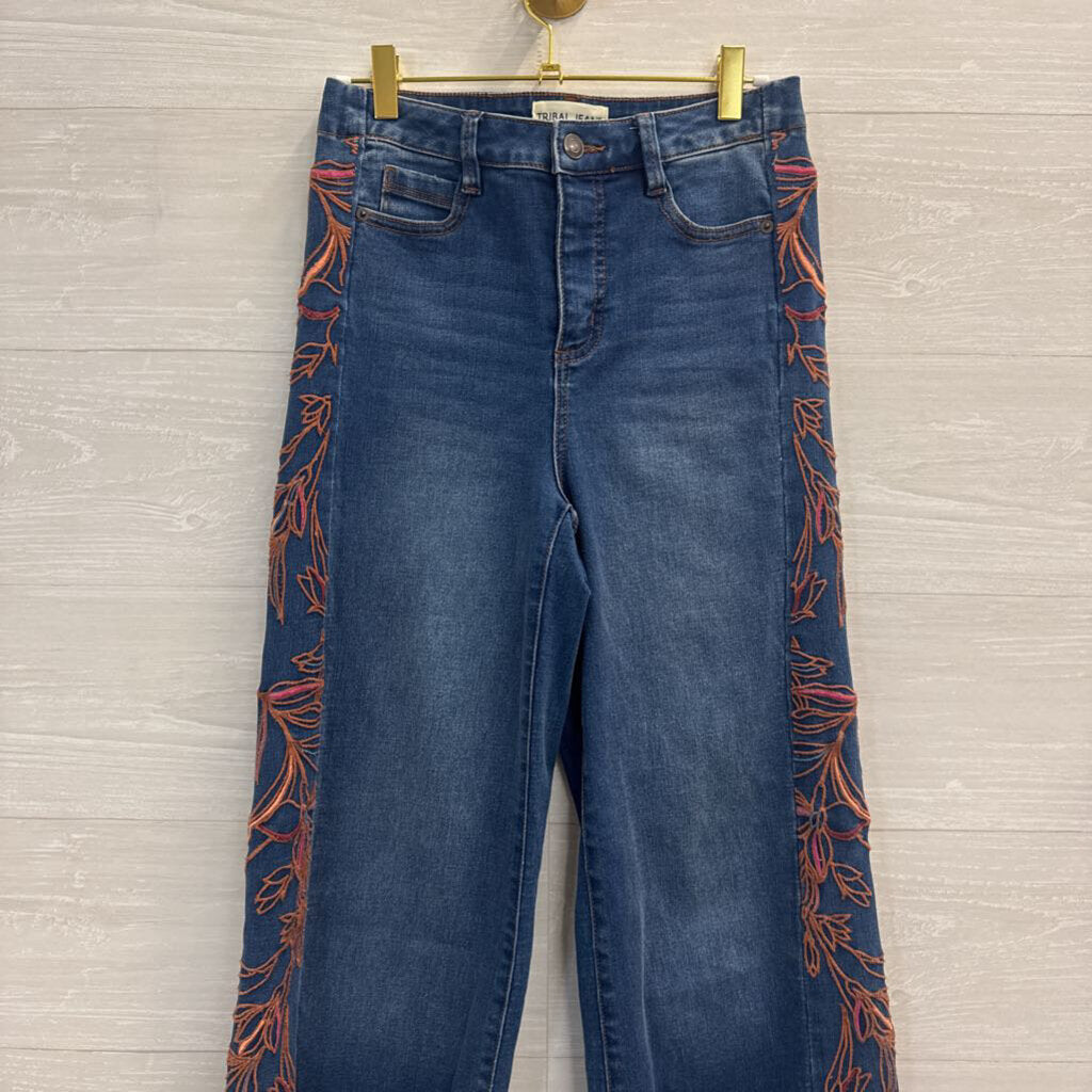Tribal Jeans Dark Wash Orange Embroidered Wide Leg Jeans 0