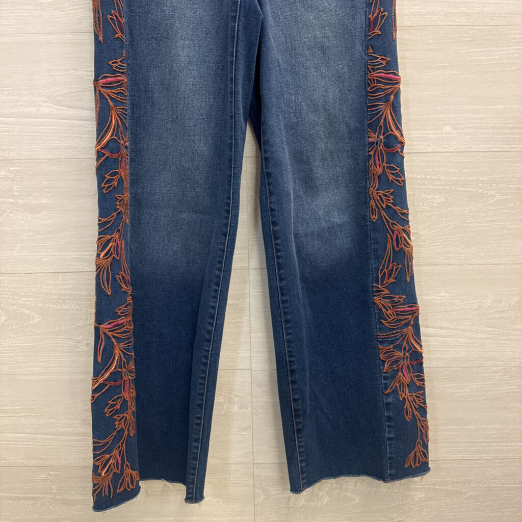 Tribal Jeans Dark Wash Orange Embroidered Wide Leg Jeans 0