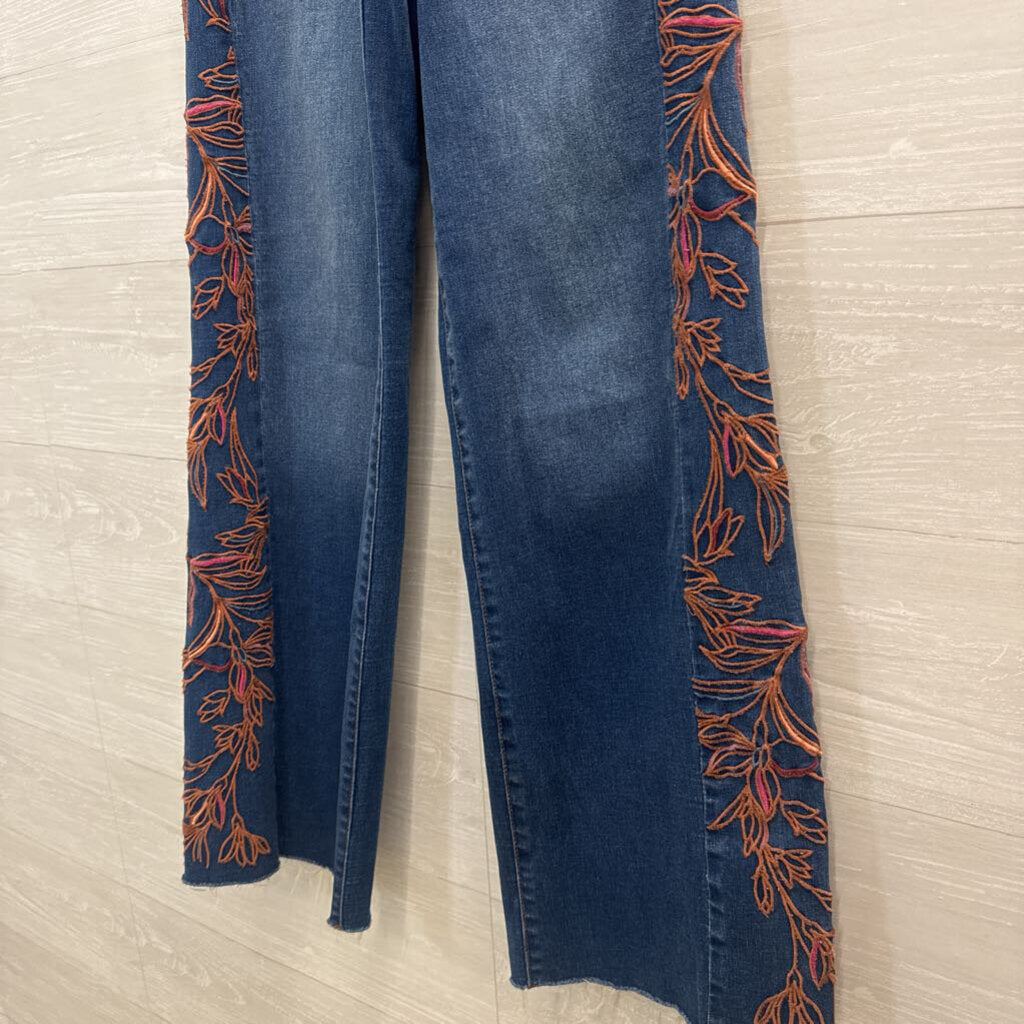 Tribal Jeans Dark Wash Orange Embroidered Wide Leg Jeans 0
