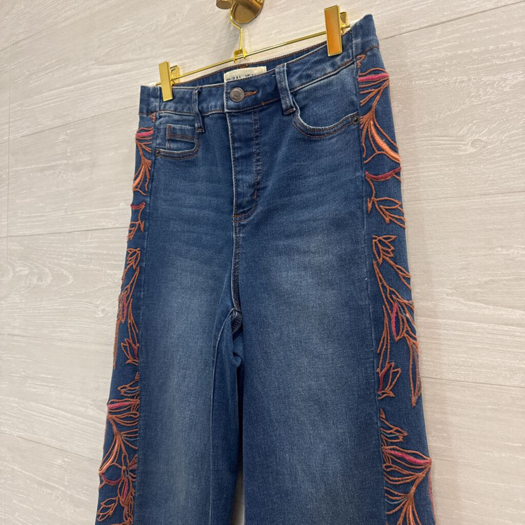 Tribal Jeans Dark Wash Orange Embroidered Wide Leg Jeans 0
