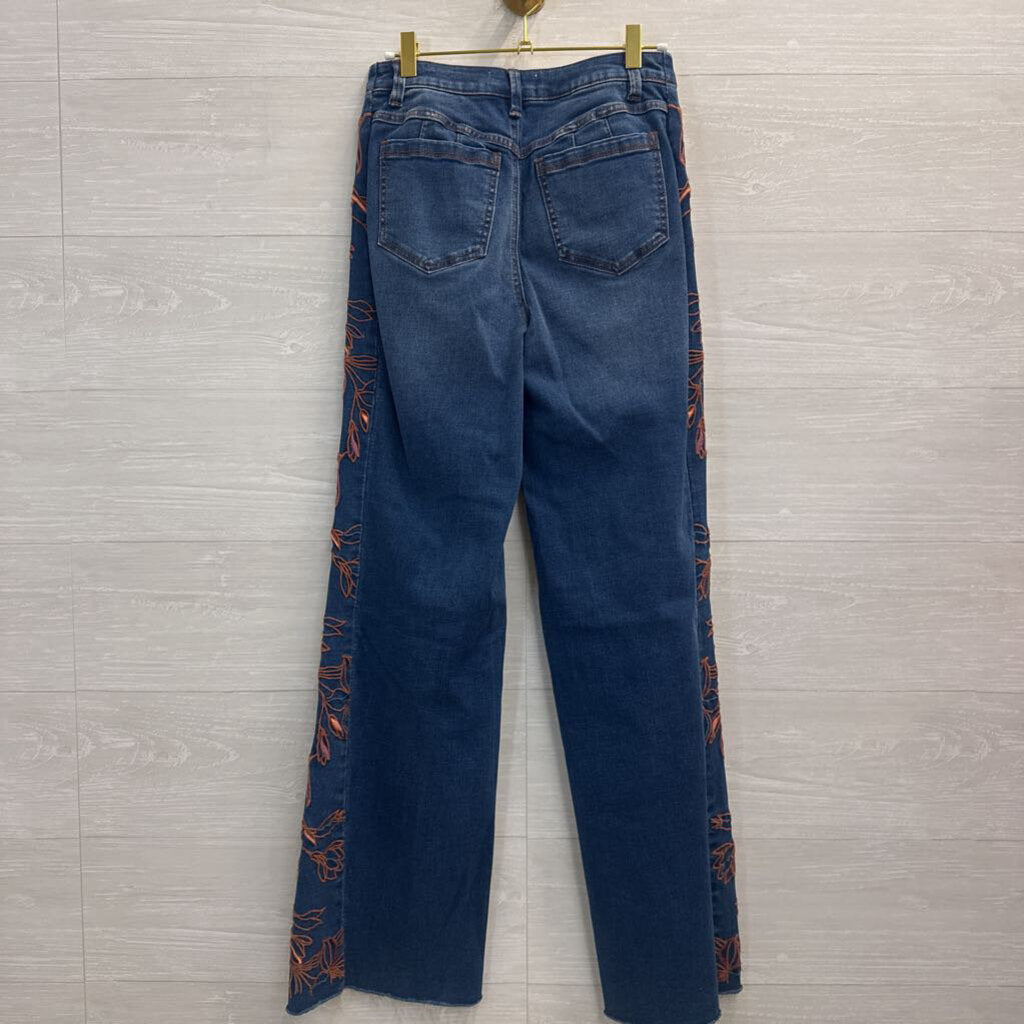 Tribal Jeans Dark Wash Orange Embroidered Wide Leg Jeans 0