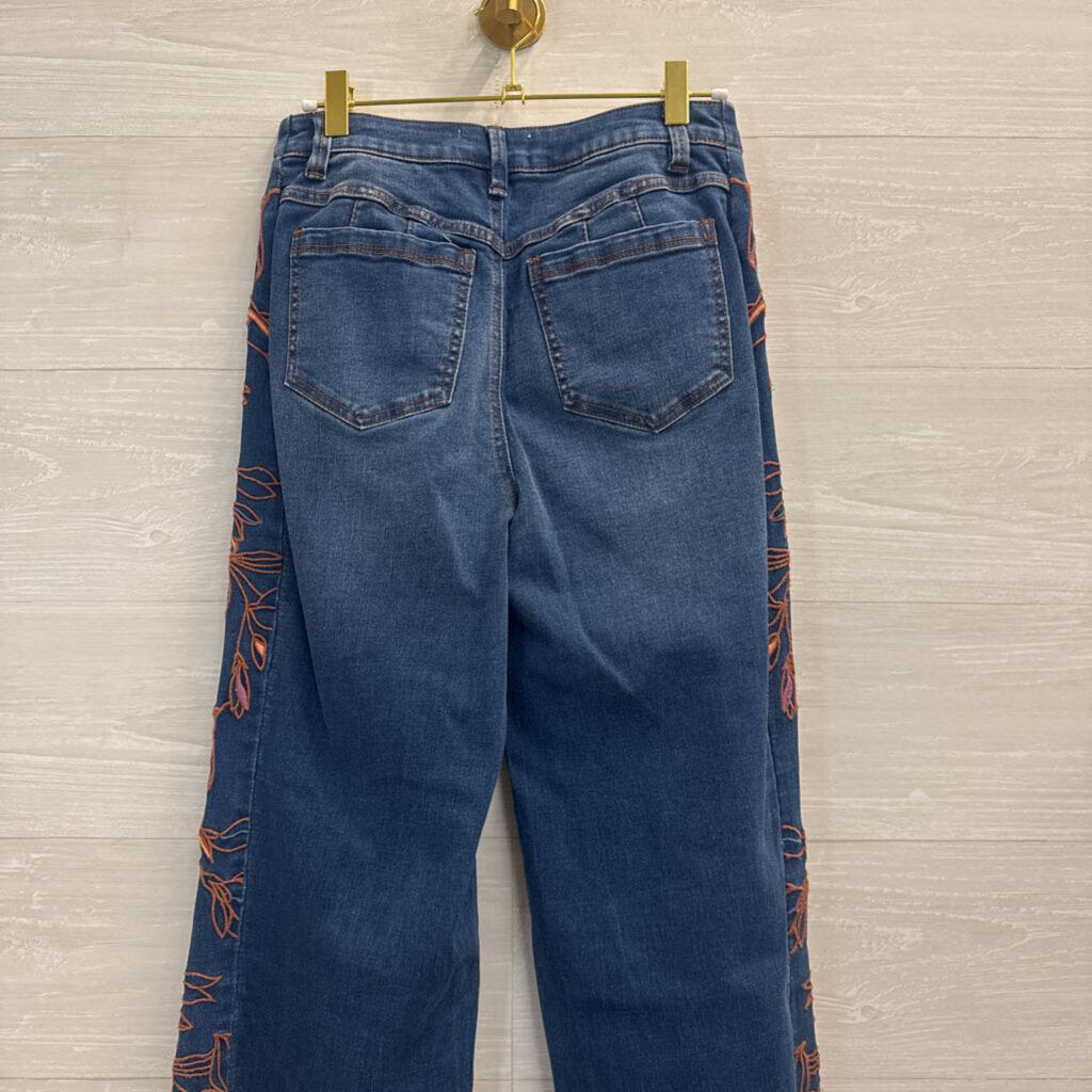 Tribal Jeans Dark Wash Orange Embroidered Wide Leg Jeans 0