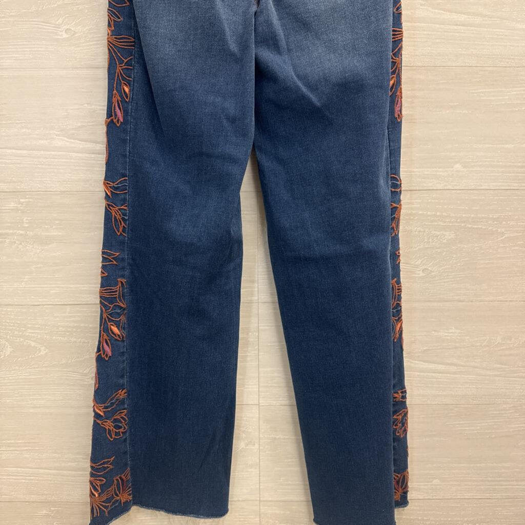 Tribal Jeans Dark Wash Orange Embroidered Wide Leg Jeans 0