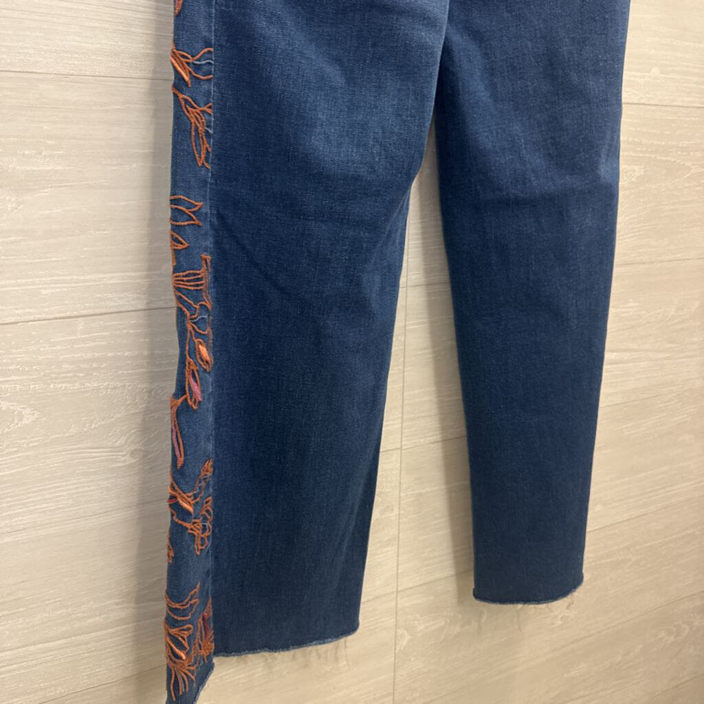 Tribal Jeans Dark Wash Orange Embroidered Wide Leg Jeans 0