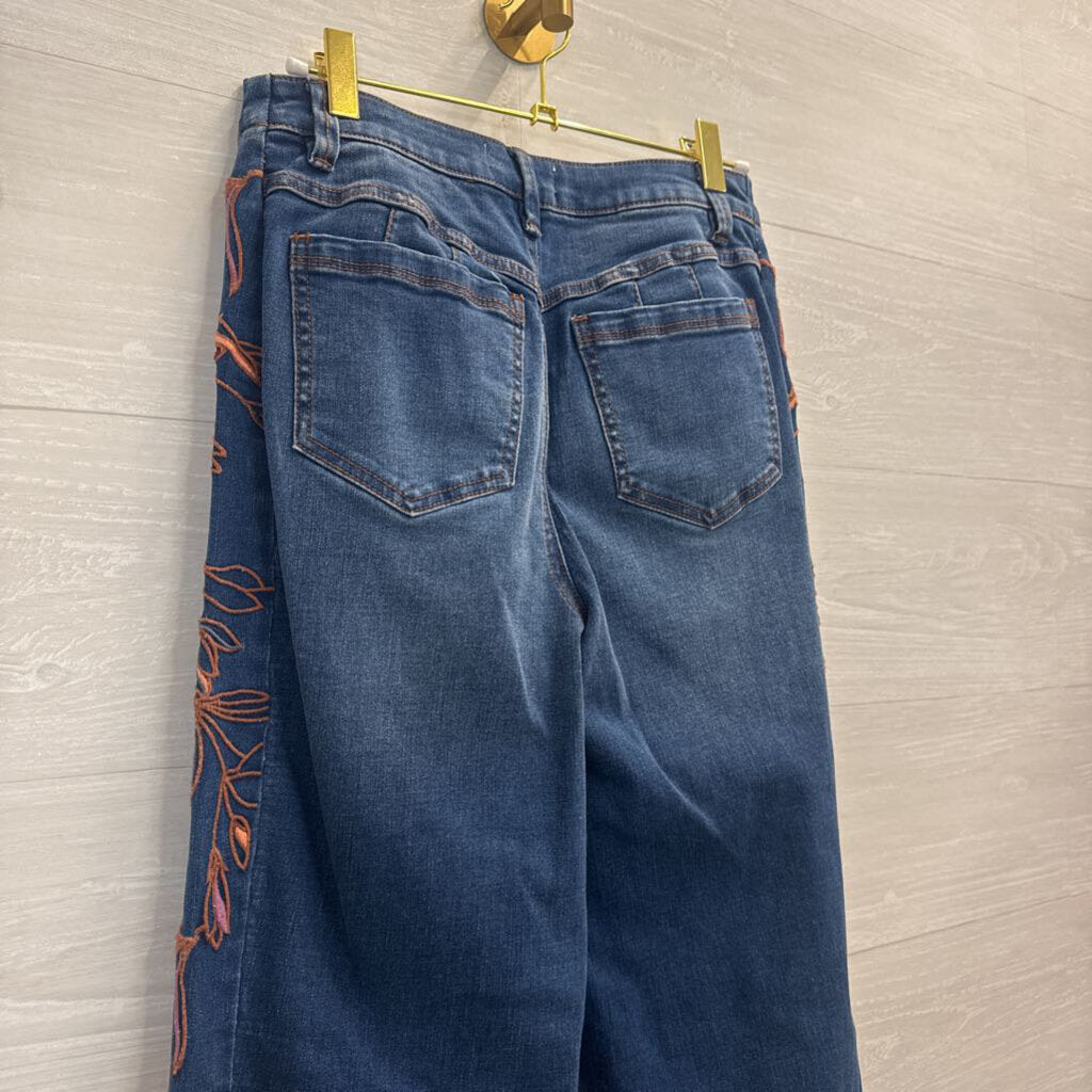 Tribal Jeans Dark Wash Orange Embroidered Wide Leg Jeans 0
