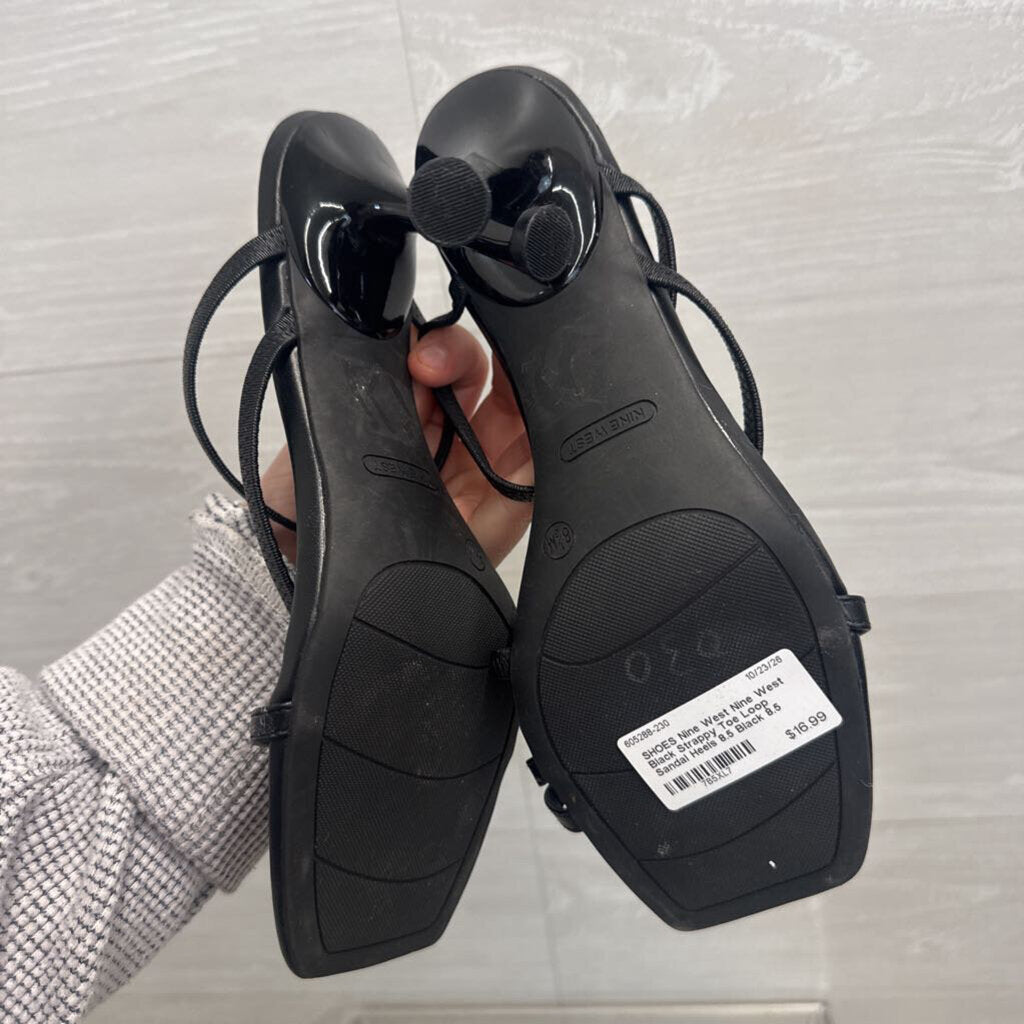 Nine West Black Strappy Toe Loop Sandal Heels 8.5