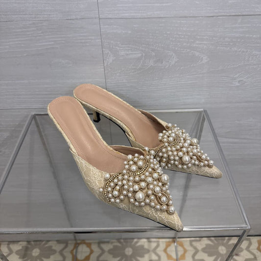 Pearl/Lace Kitten Heel Mules 41